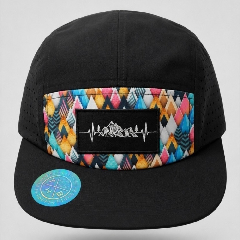 NEW The Heartbeat Brand Cap 5 Panel Mountains Colored Peaks Black Laser Mesh